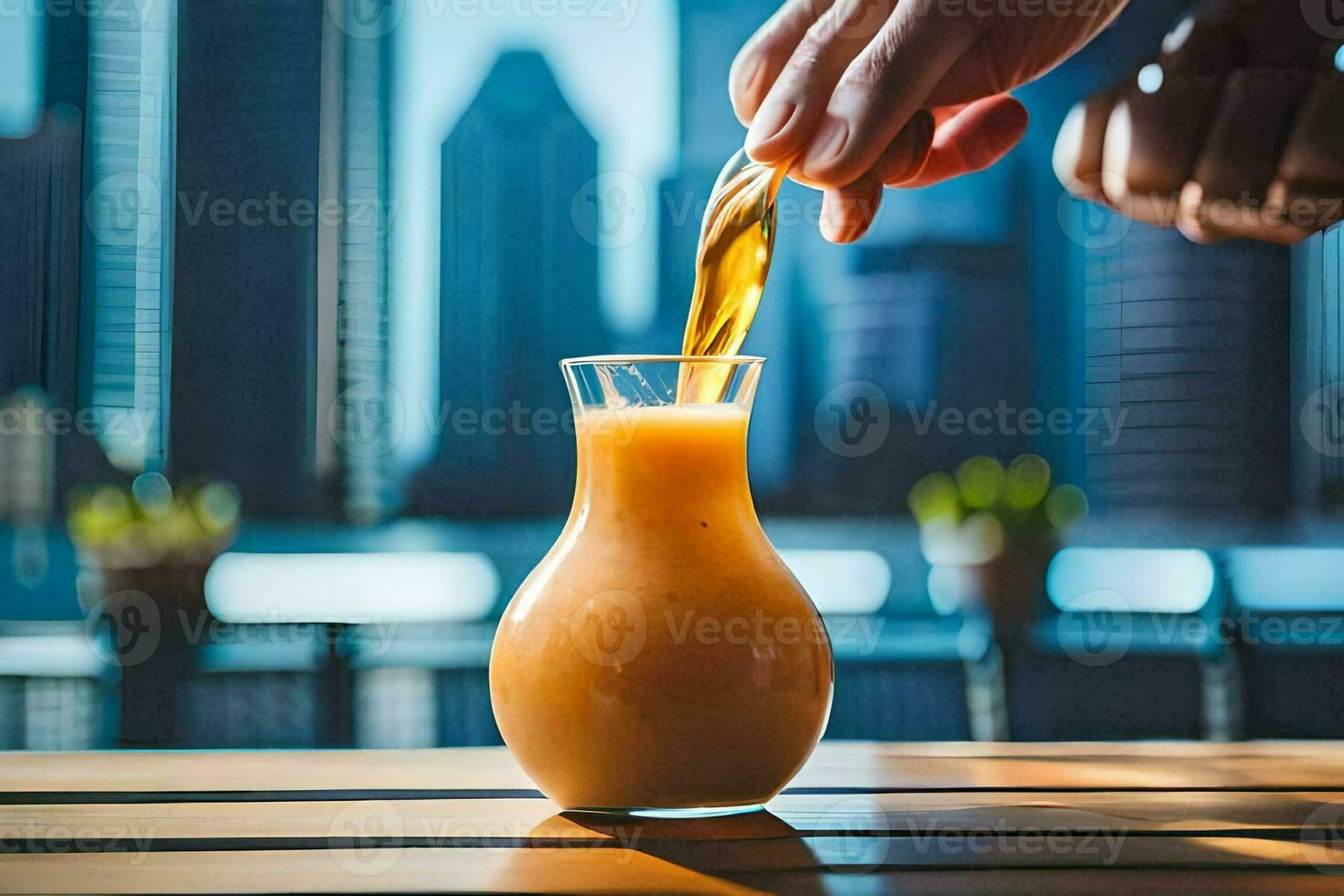 un persona vierte naranja jugo dentro un vaso. generado por ai foto