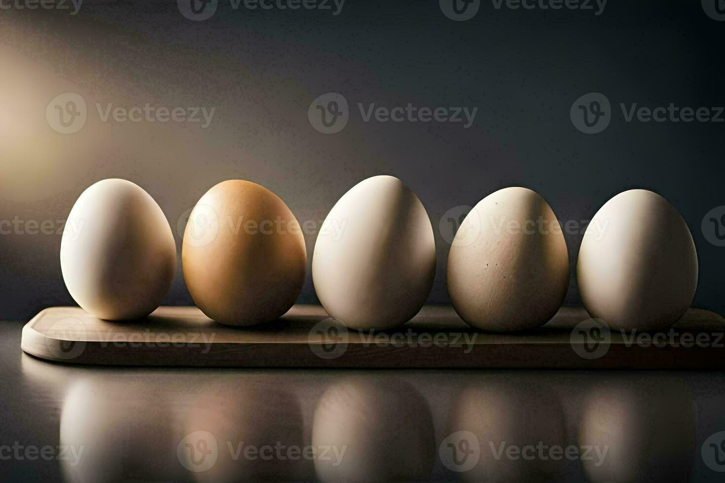 five eggs are lined up on a wooden tray. AI-Generated photo