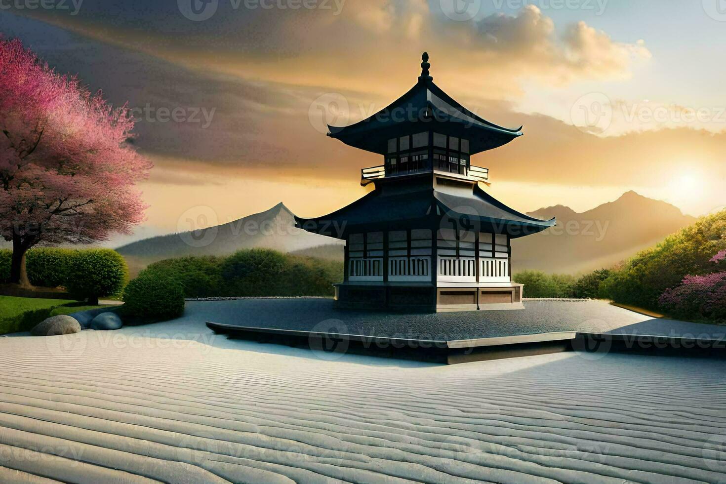 a pagoda in the middle of a desert with pink trees. AI-Generated photo