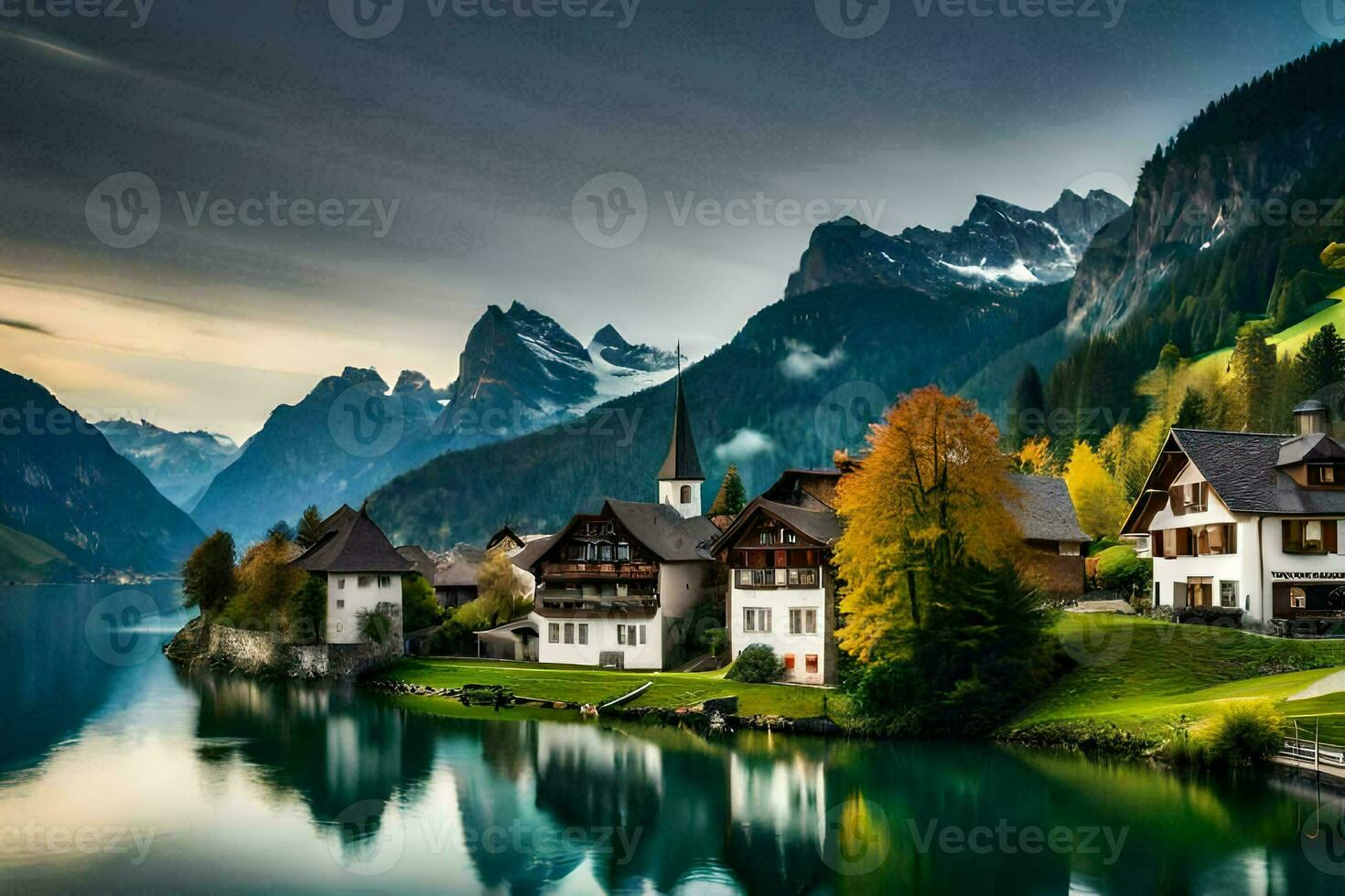 a beautiful lake and mountain village in the alps. AI-Generated photo