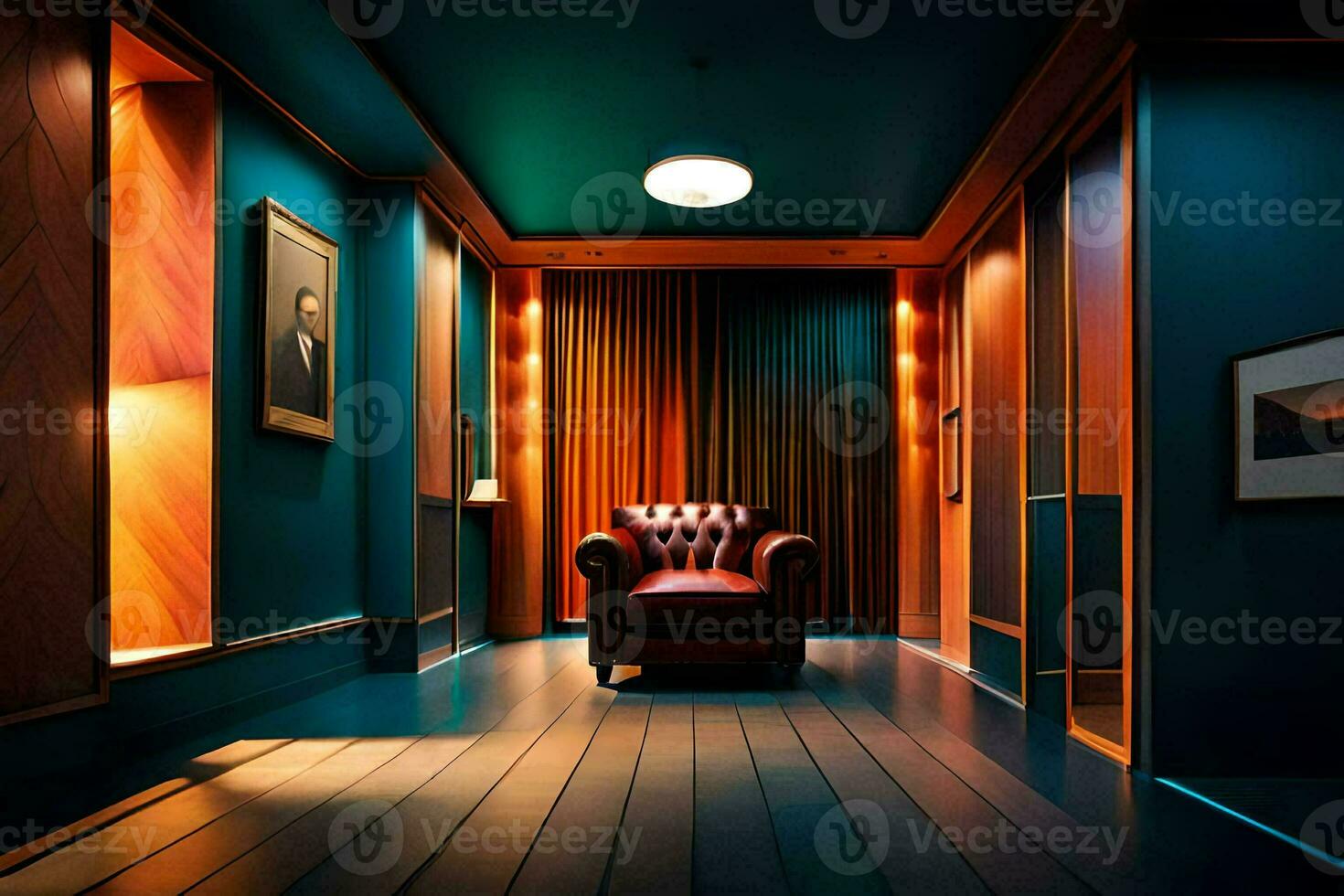 the room is lit by blue lights and has a leather chair. AI-Generated photo