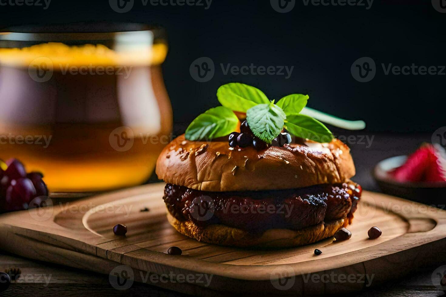 a hamburger with a side of tea. AI-Generated photo