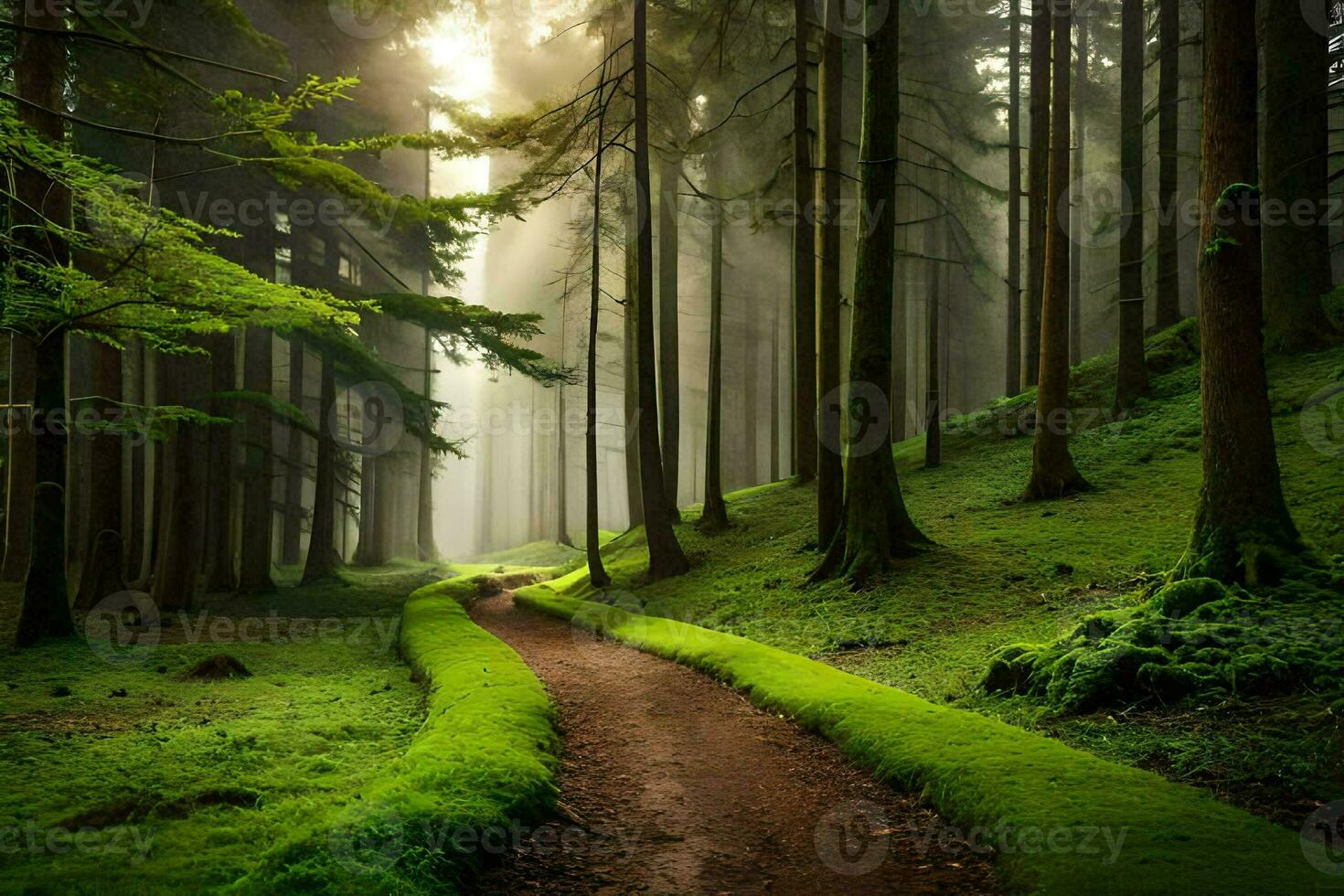 a path through a forest with trees and grass. AI-Generated photo