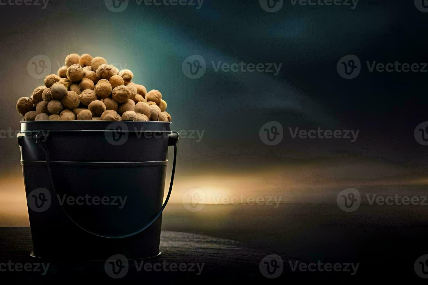 a bucket full of peanuts on a table. AI-Generated photo