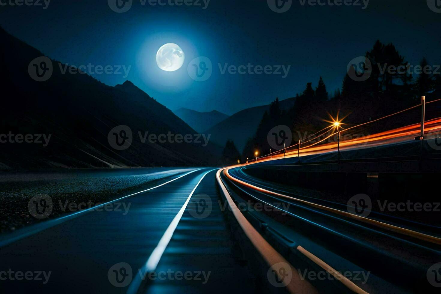 un tren pista a noche con un lleno Luna. generado por ai foto