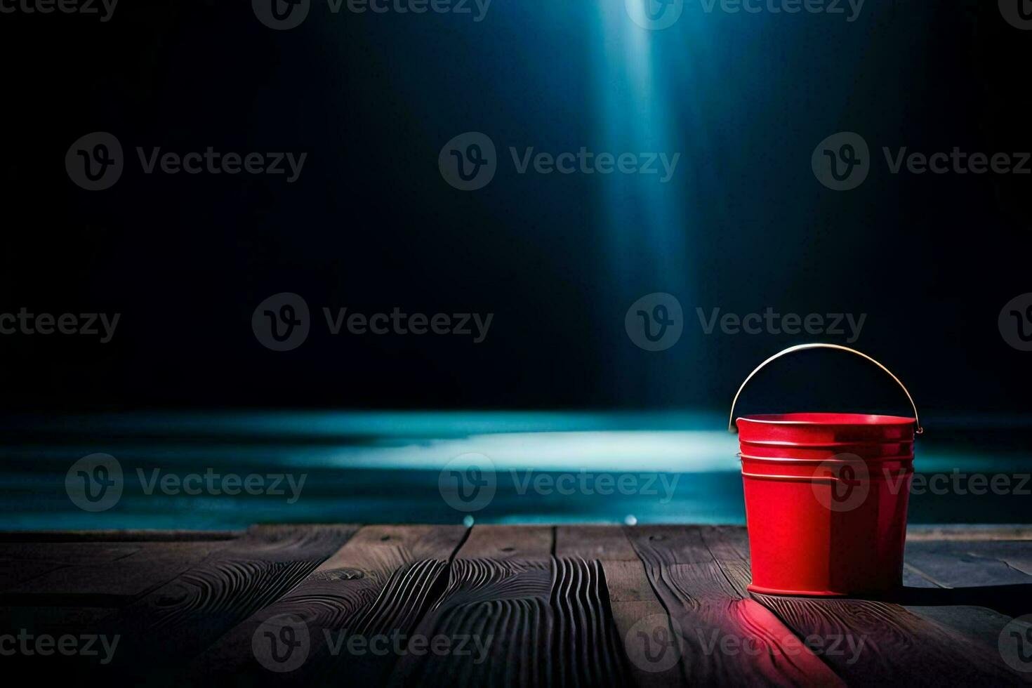 a red bucket sitting on a wooden table in front of a dark background. AI-Generated photo