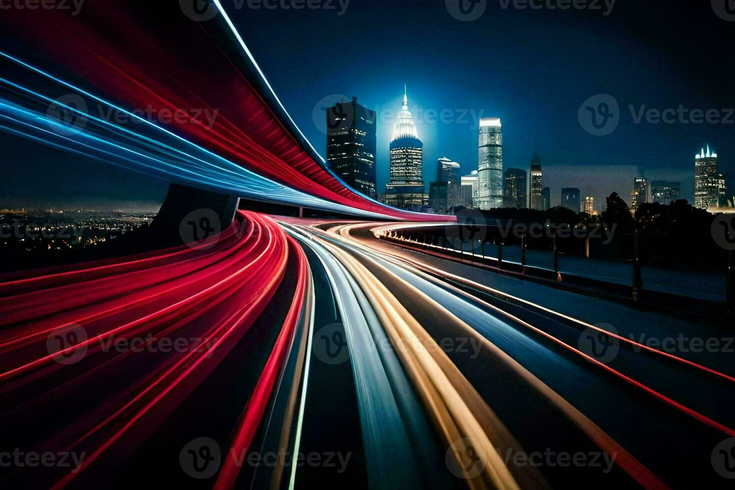 un ciudad horizonte a noche con ligero caminos. generado por ai foto