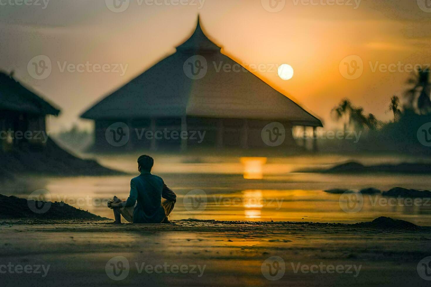 the man is meditating in front of the beach at sunset. AI-Generated photo