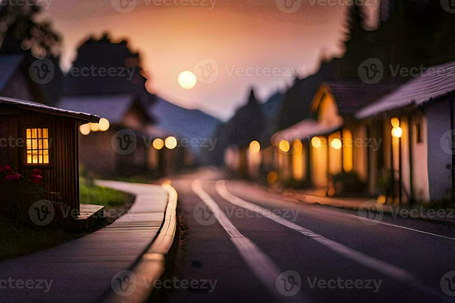 a small house sits on the side of a road at sunset. AI-Generated photo