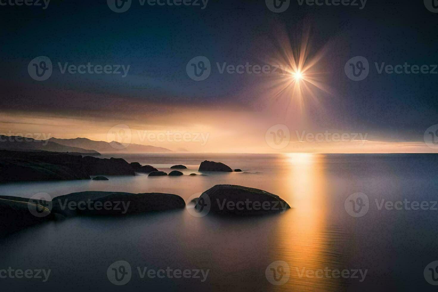 the sun shines over the ocean and rocks. AI-Generated photo