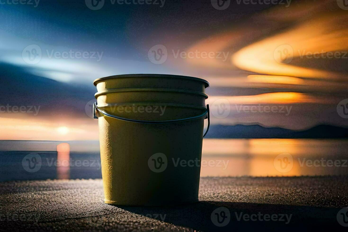 un amarillo Cubeta se sienta en el playa a puesta de sol. generado por ai foto