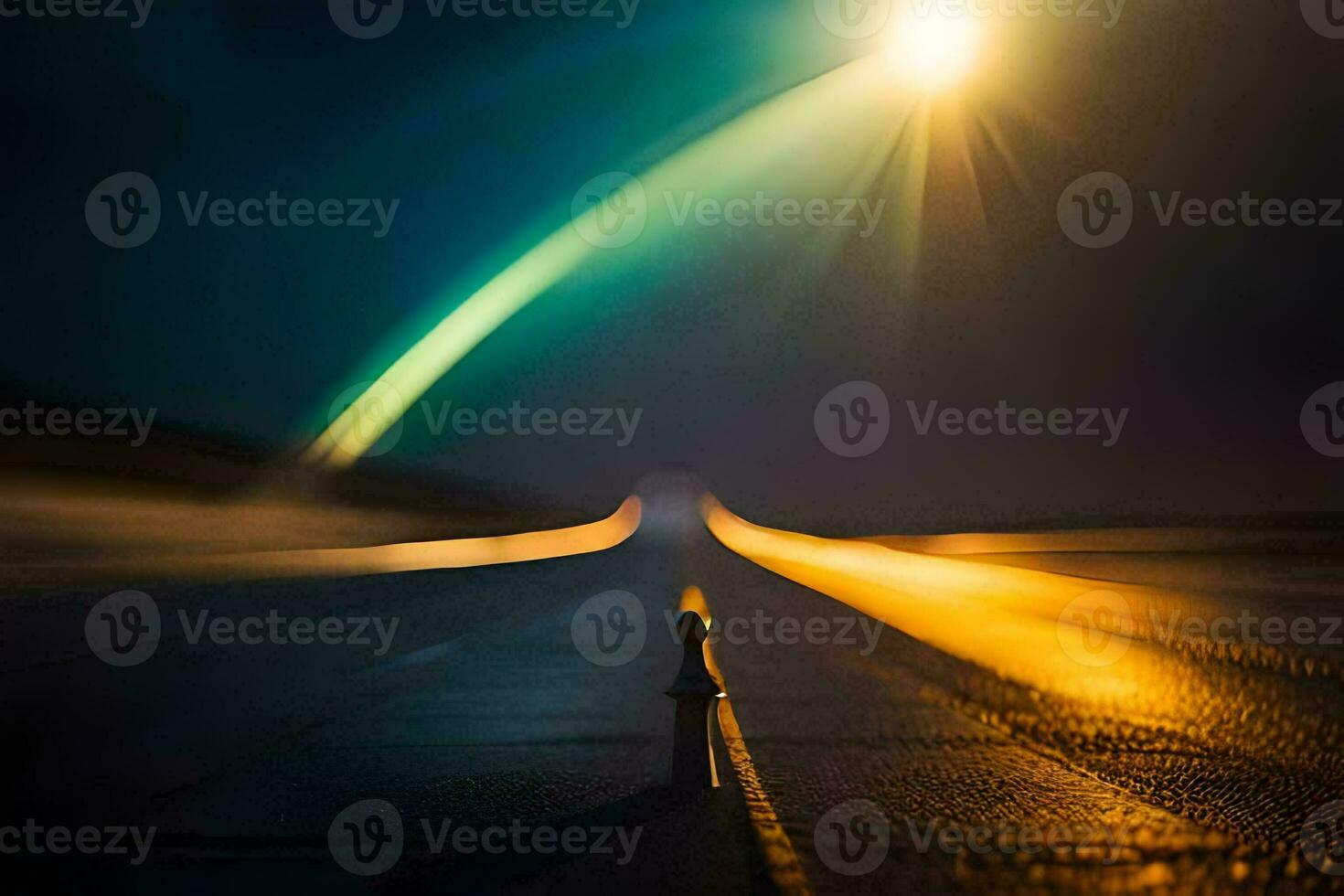 a long exposure photograph of a person standing on a road. AI-Generated photo