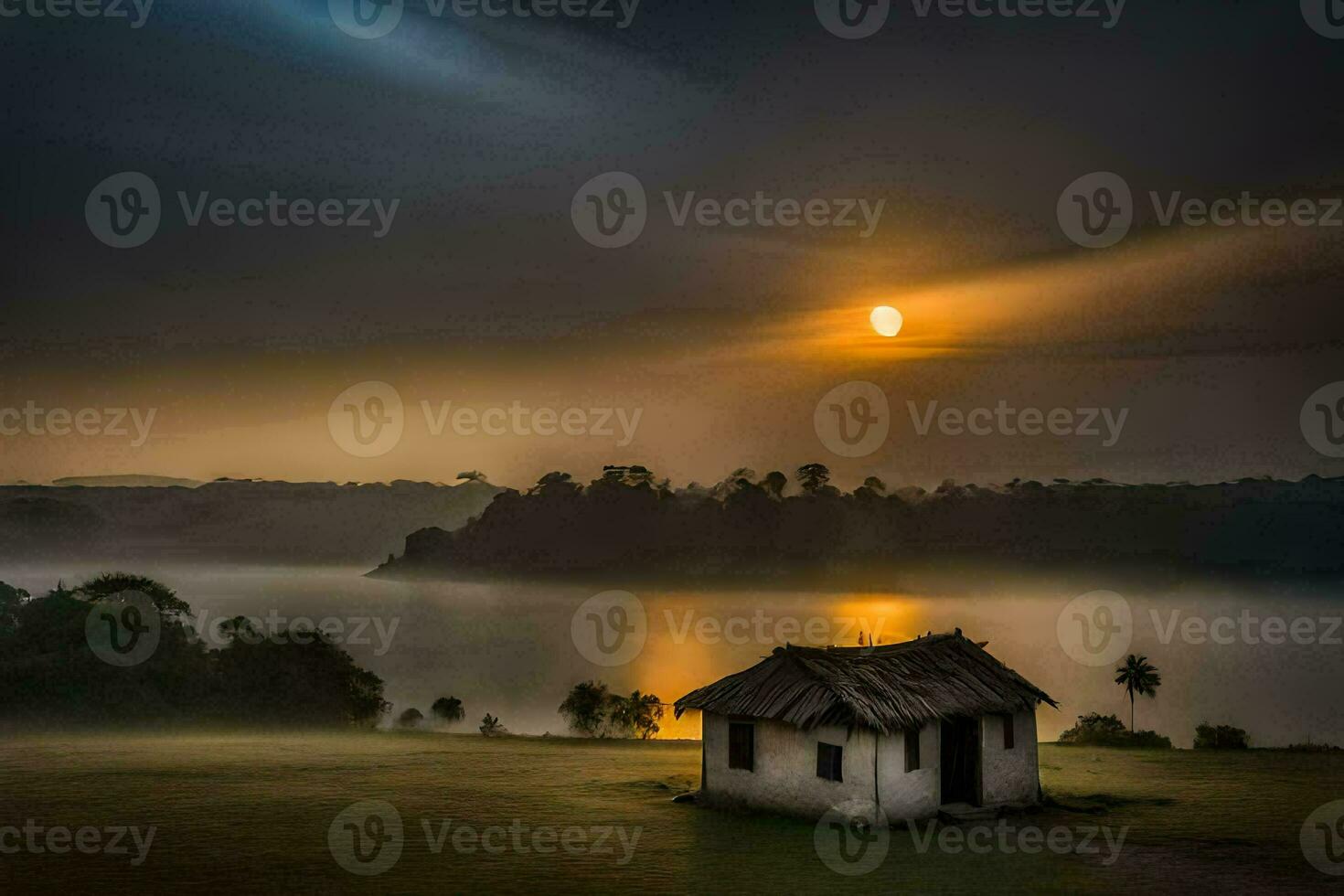 a small hut sits on the edge of a lake at sunset. AI-Generated photo