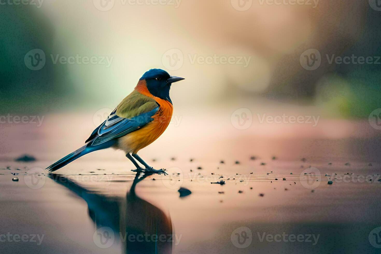 a bird standing on the water with its reflection. AI-Generated photo