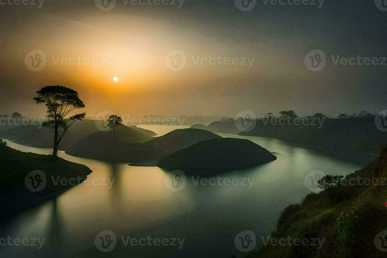 the sun rises over a river and a hill. AI-Generated photo