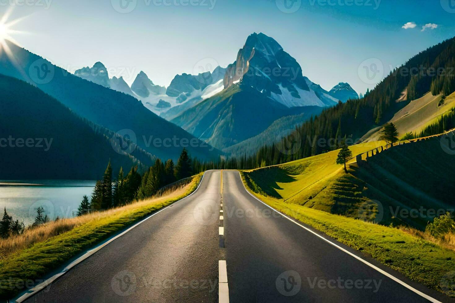 a road in the mountains with a lake and mountains in the background. AI-Generated photo