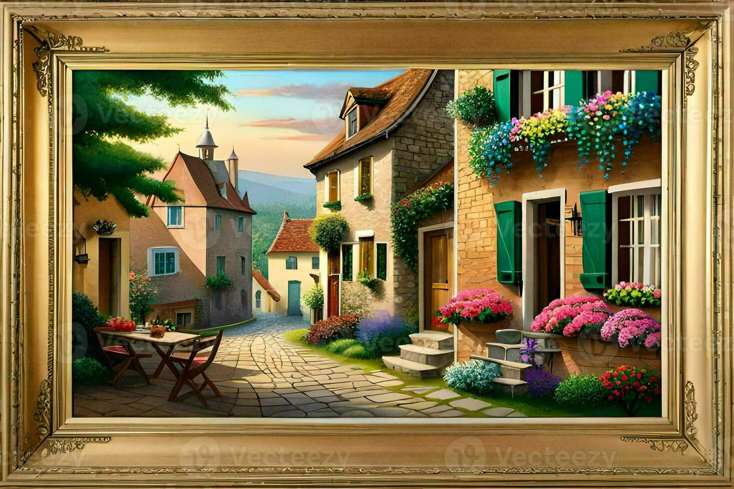 un pintura de un calle escena con flores y mesas. generado por ai foto