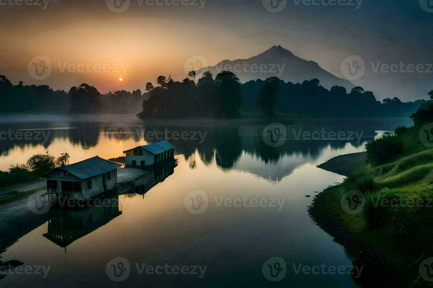 a lake with two small houses on the shore. AI-Generated photo