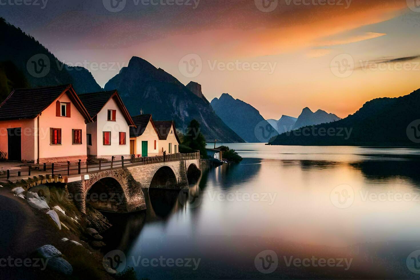 a bridge over a lake with houses and mountains in the background. AI-Generated photo