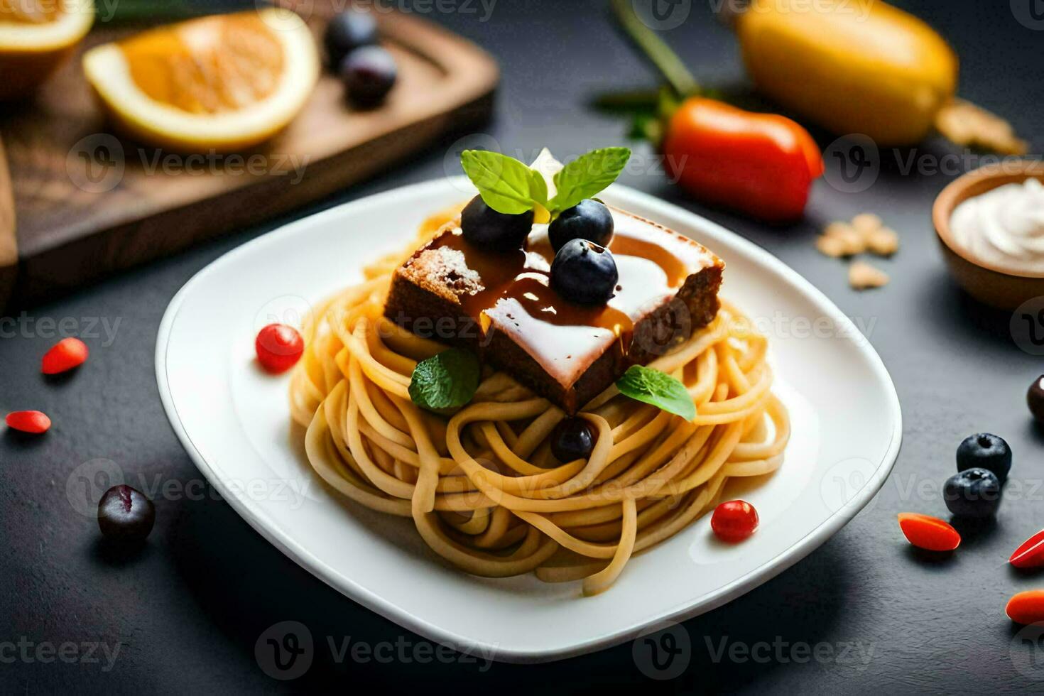 spaghetti with blueberries and cheese on a plate. AI-Generated photo