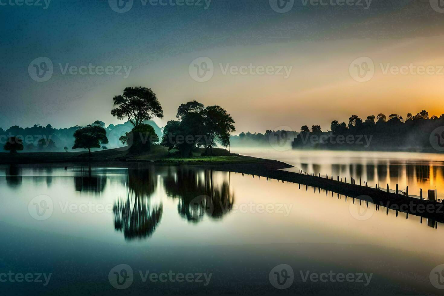 a lake with trees and a sunrise. AI-Generated photo