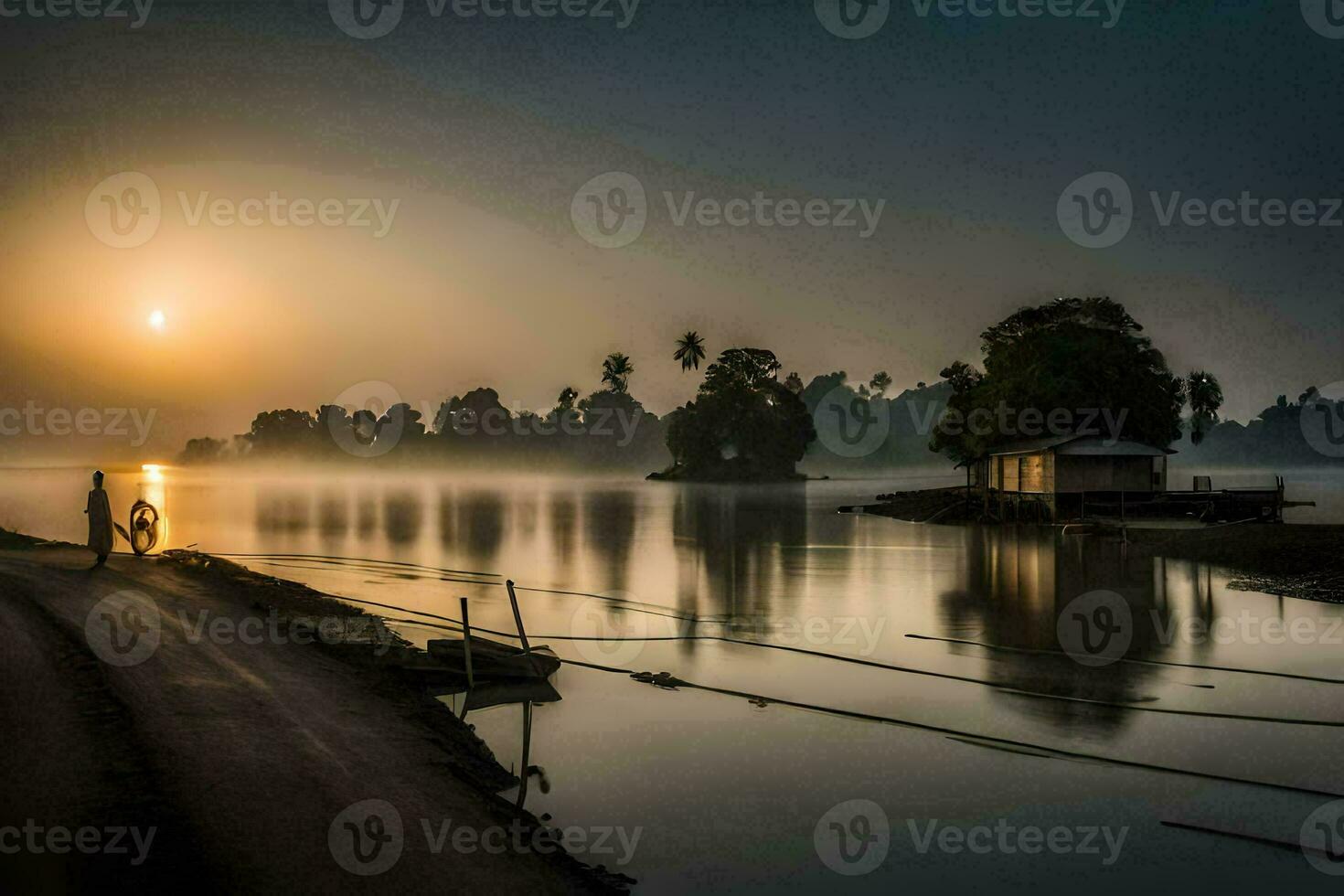 el Dom sube terminado un lago y un pequeño casa. generado por ai foto