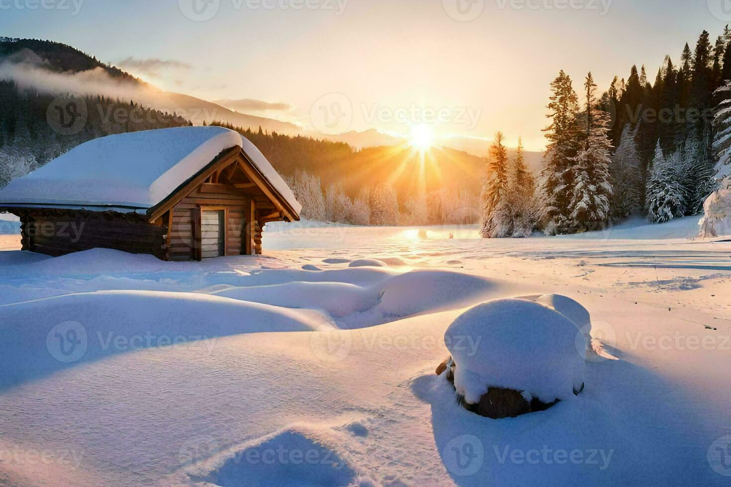 a cabin in the snow with the sun setting. AI-Generated photo