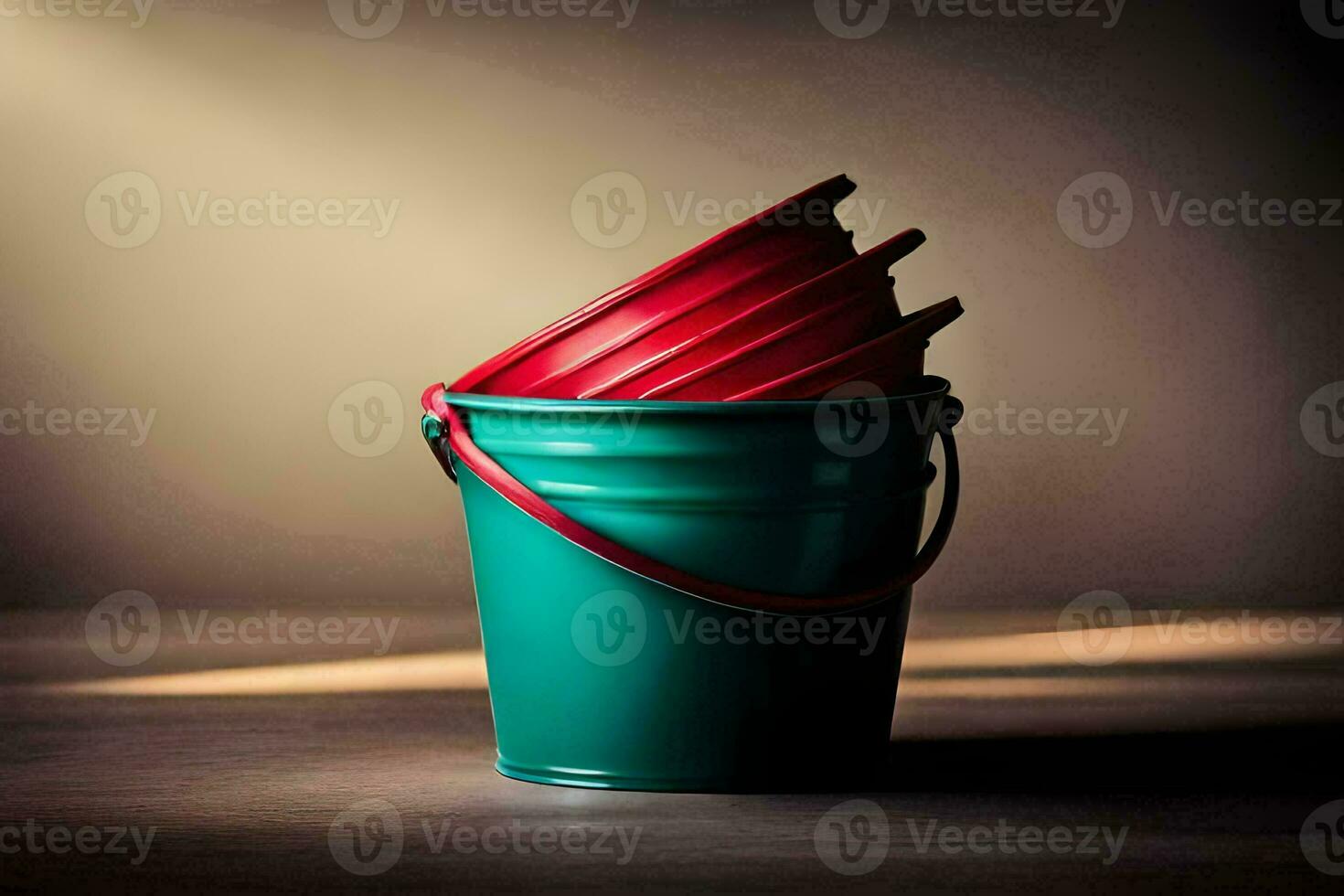 a red bucket with a green lid sitting on a table. AI-Generated photo