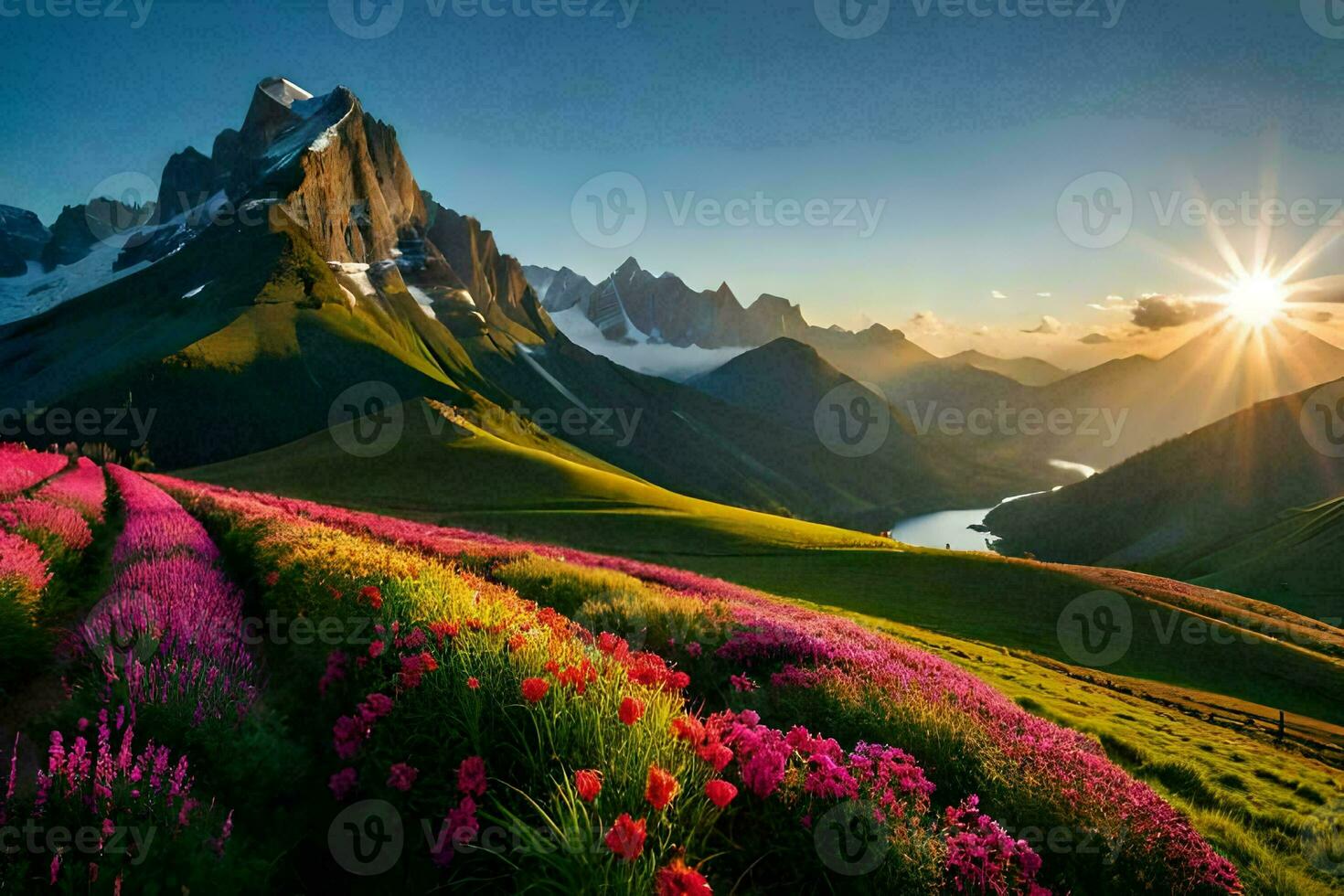 the sun rises over the mountains and flowers in the valley. AI-Generated photo