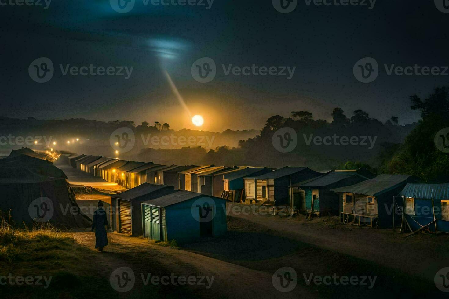 a full moon shines over a village at night. AI-Generated photo