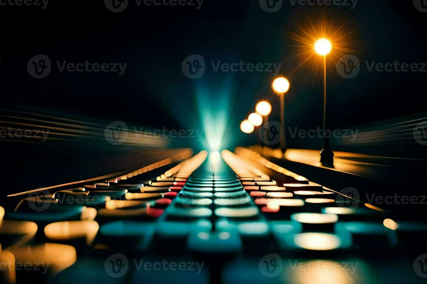 a sound mixing board with lights shining on it. AI-Generated photo