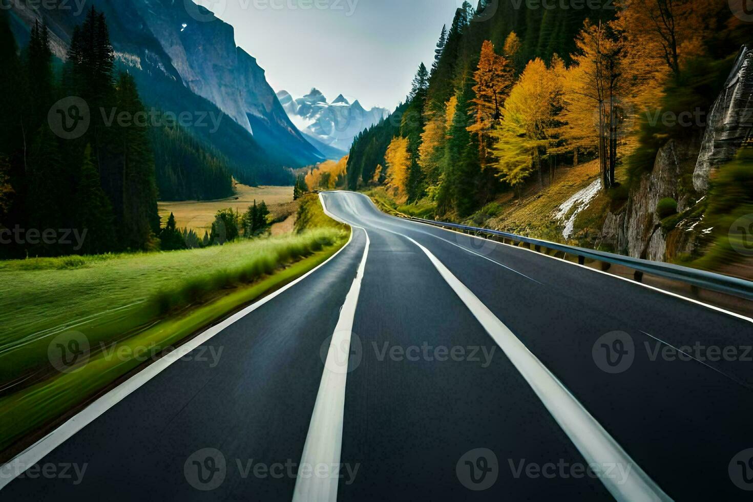 a road in the mountains with trees and mountains in the background. AI-Generated photo