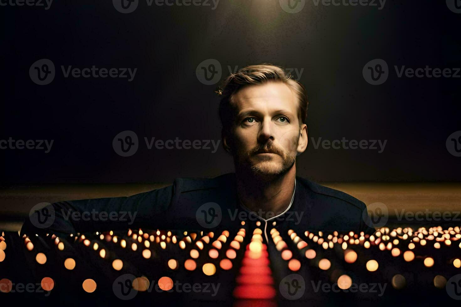 a man sitting in front of a large group of candles. AI-Generated photo