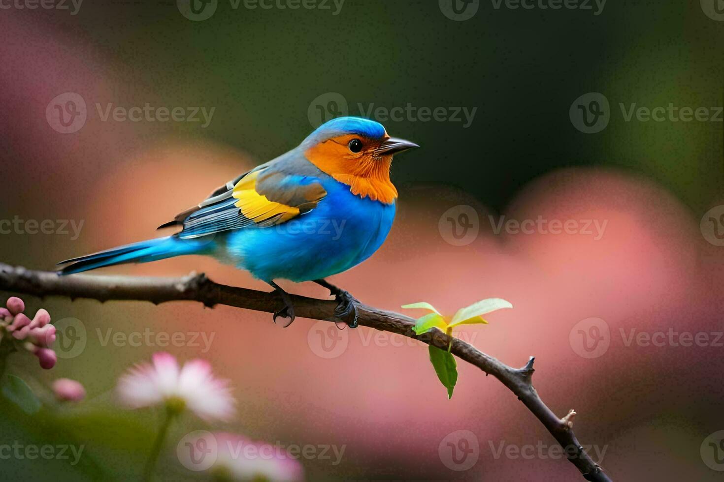 a blue and orange bird sits on a branch. AI-Generated photo