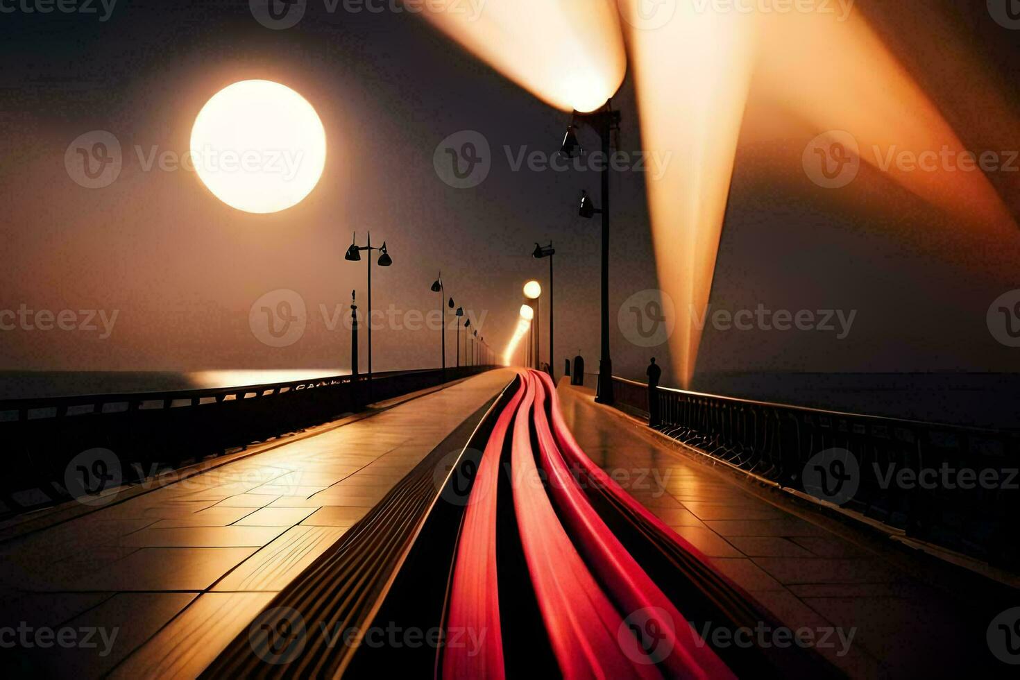 a train is traveling on a bridge at night. AI-Generated photo