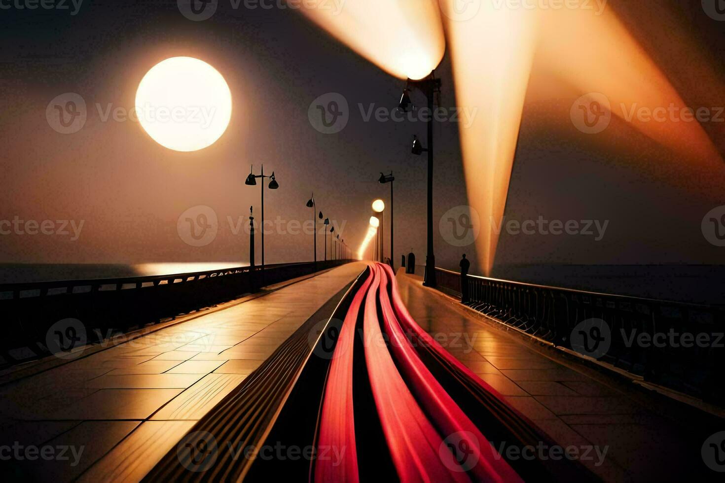 un tren es de viaje en un puente a noche. generado por ai foto