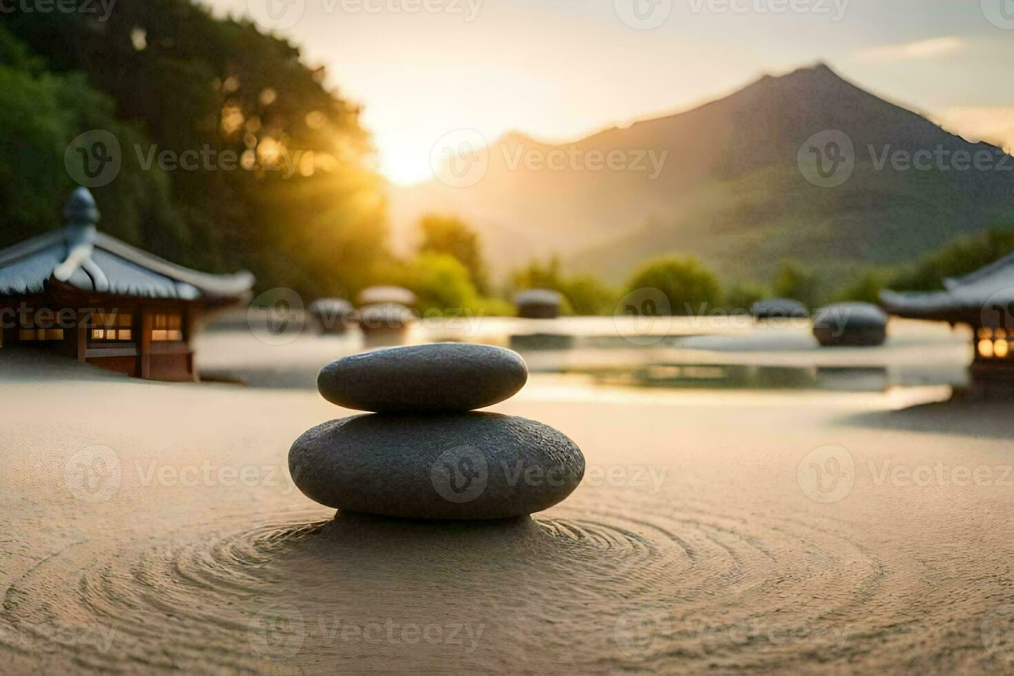 the sun sets over a zen garden in the background. AI-Generated photo