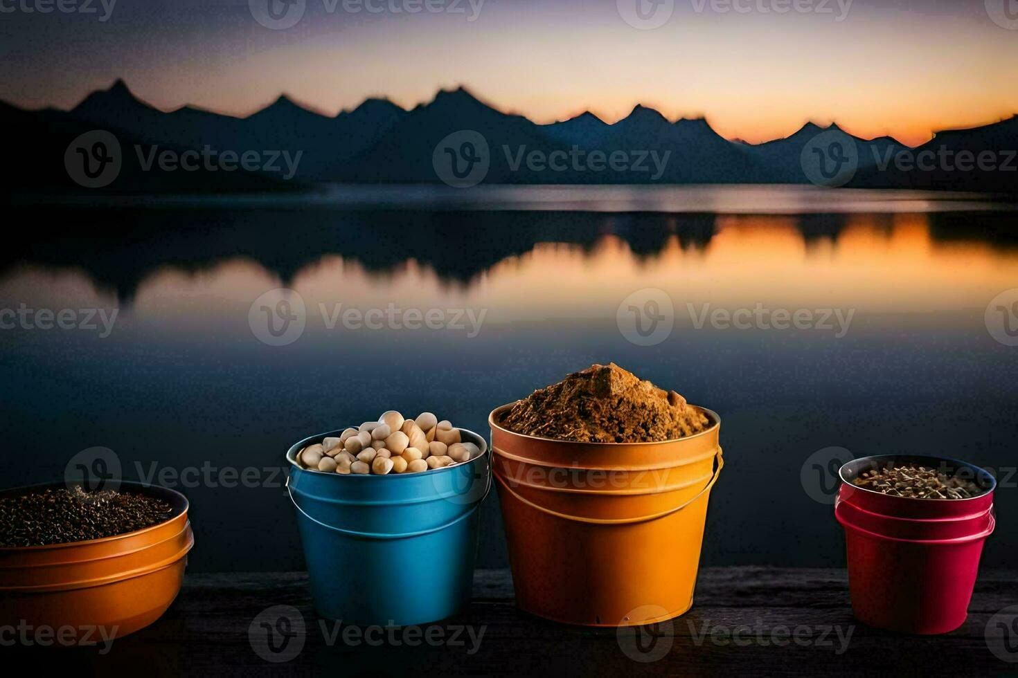 buckets of food and water sitting on a dock with mountains in the background. AI-Generated photo