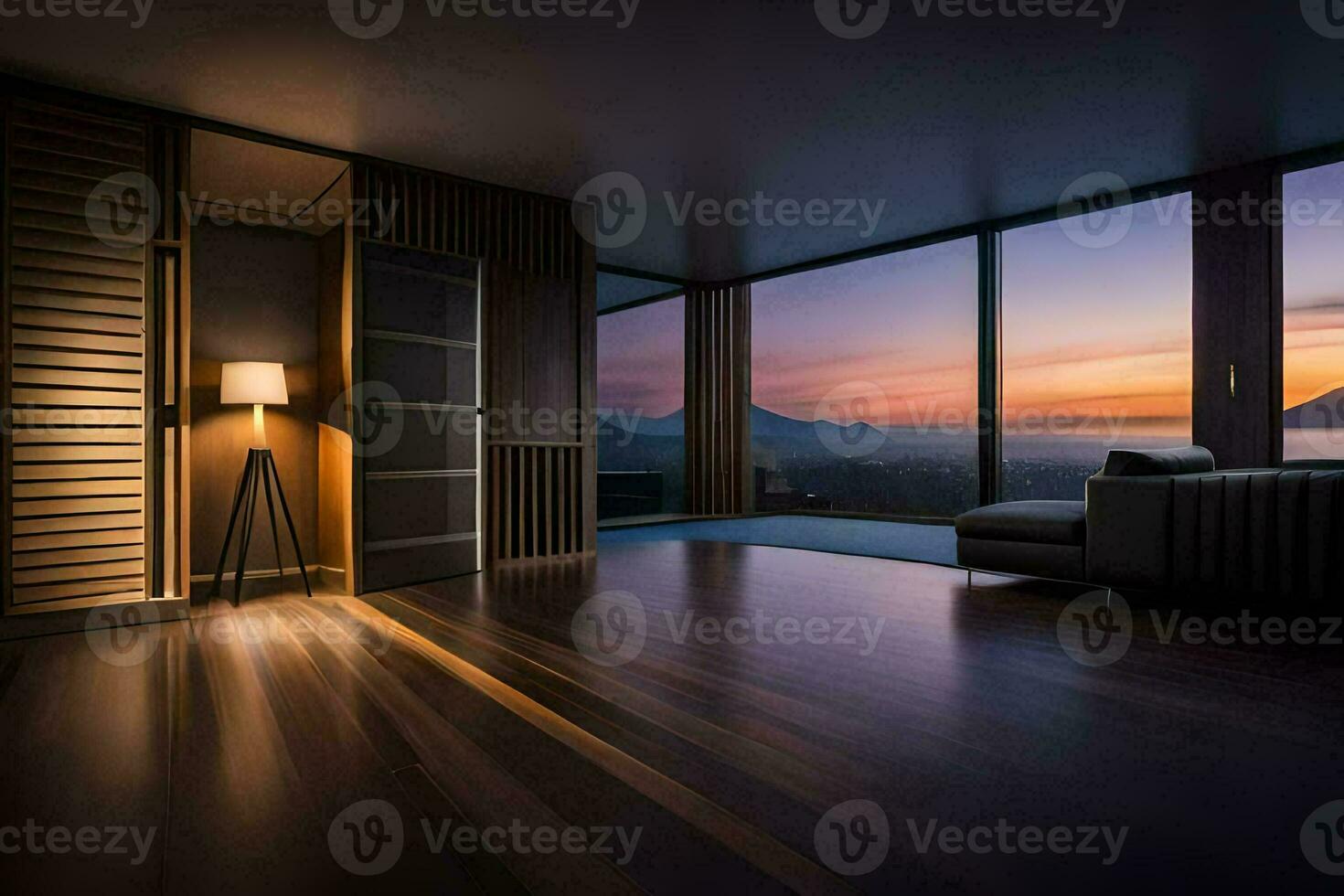 a room with a view of the sunset. AI-Generated photo