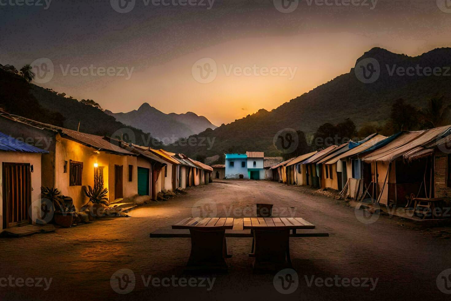 un pueblo a puesta de sol con un mesa y bancos generado por ai foto