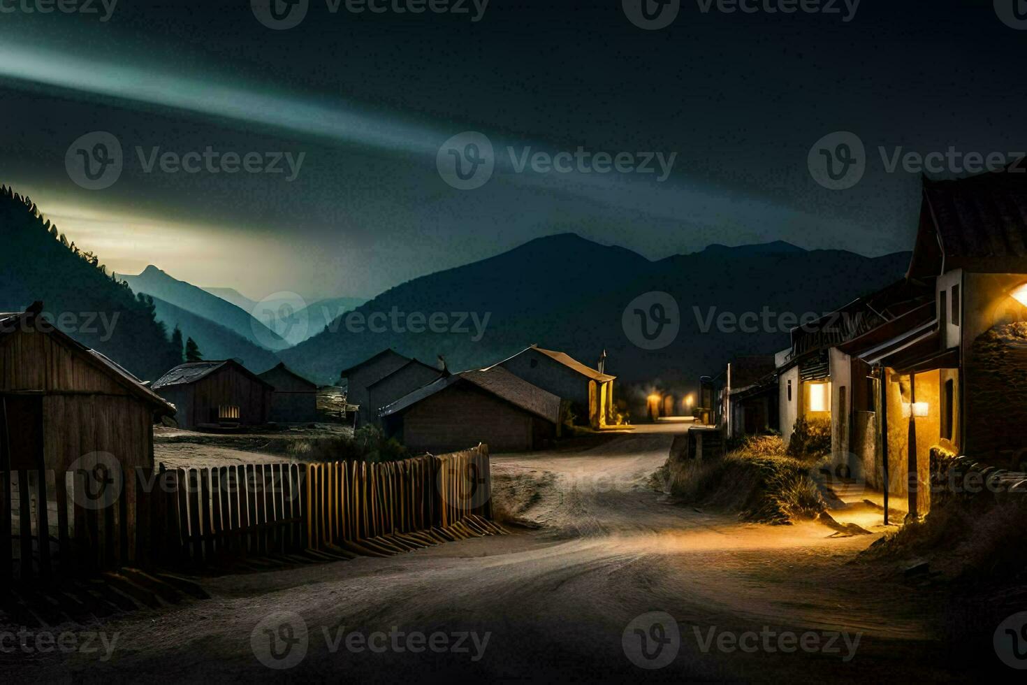 a village at night with a mountain in the background. AI-Generated photo