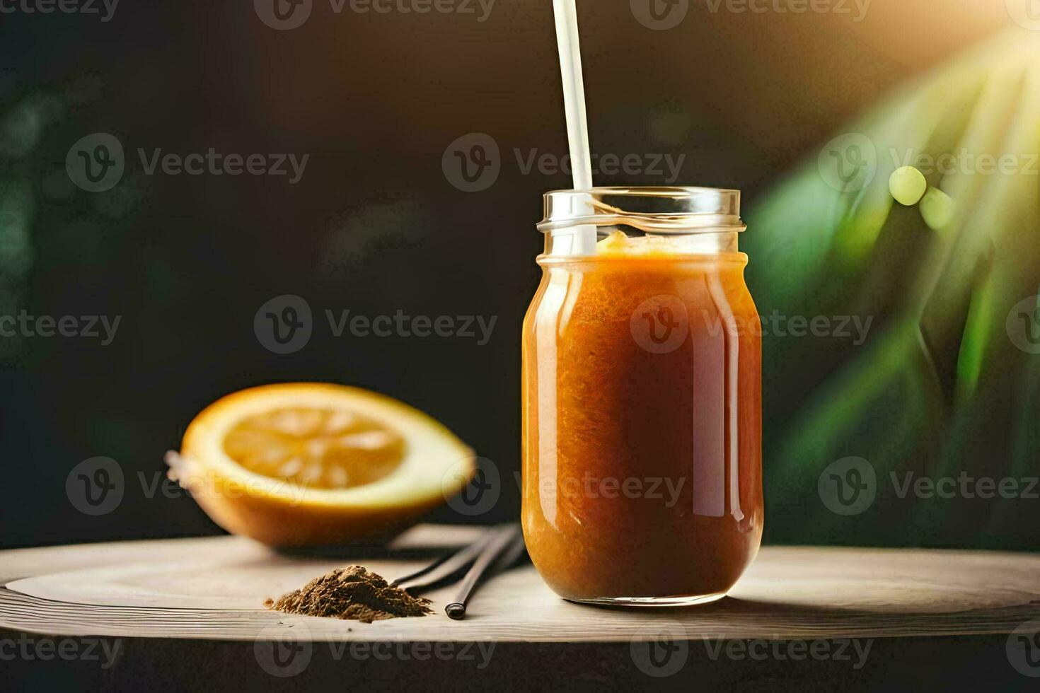 a glass of orange juice with a straw on a wooden table. AI-Generated photo