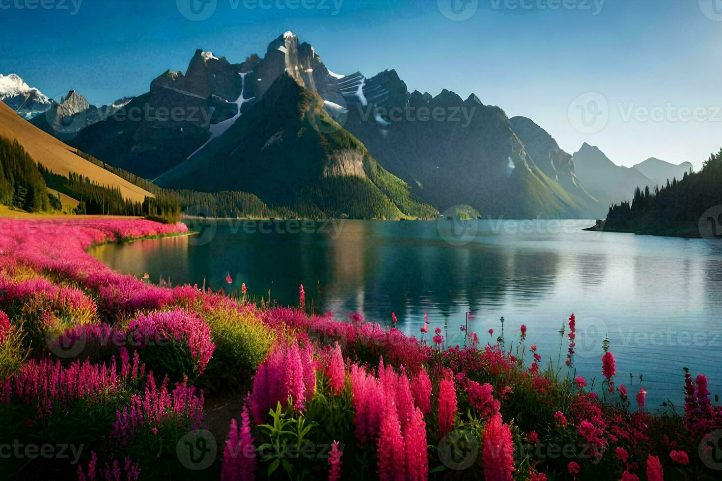 el hermosa paisaje de el montañas y lago con rosado flores generado por ai foto