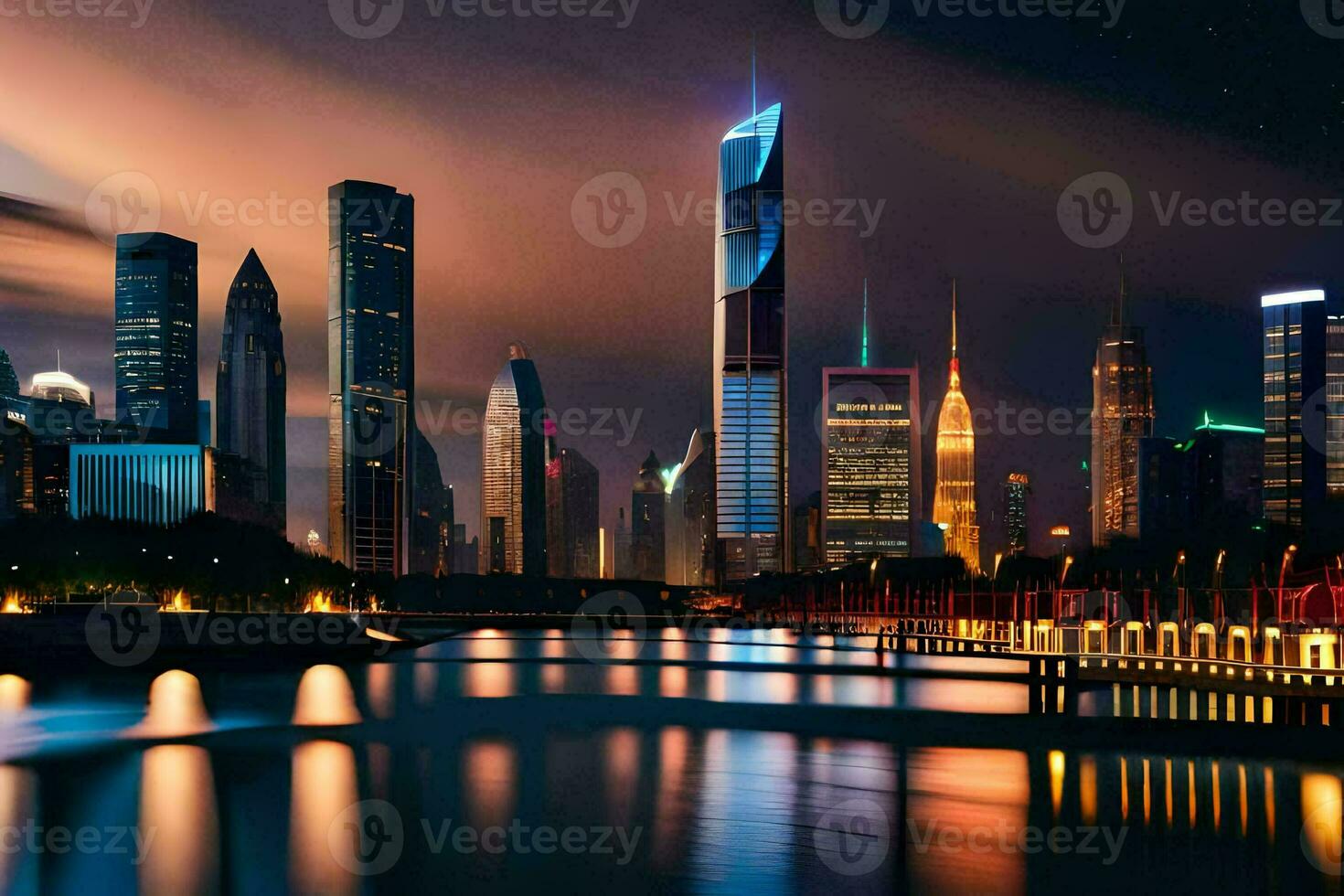 a city skyline at night with lights reflecting off the water. AI-Generated photo