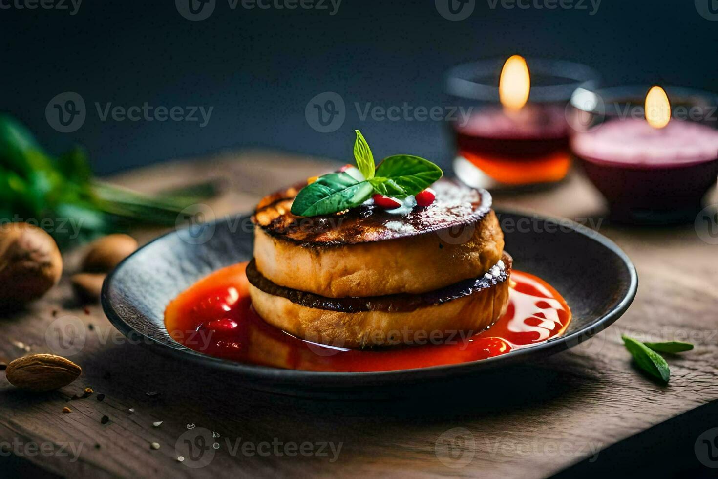 a plate with a stack of pancakes and sauce. AI-Generated photo