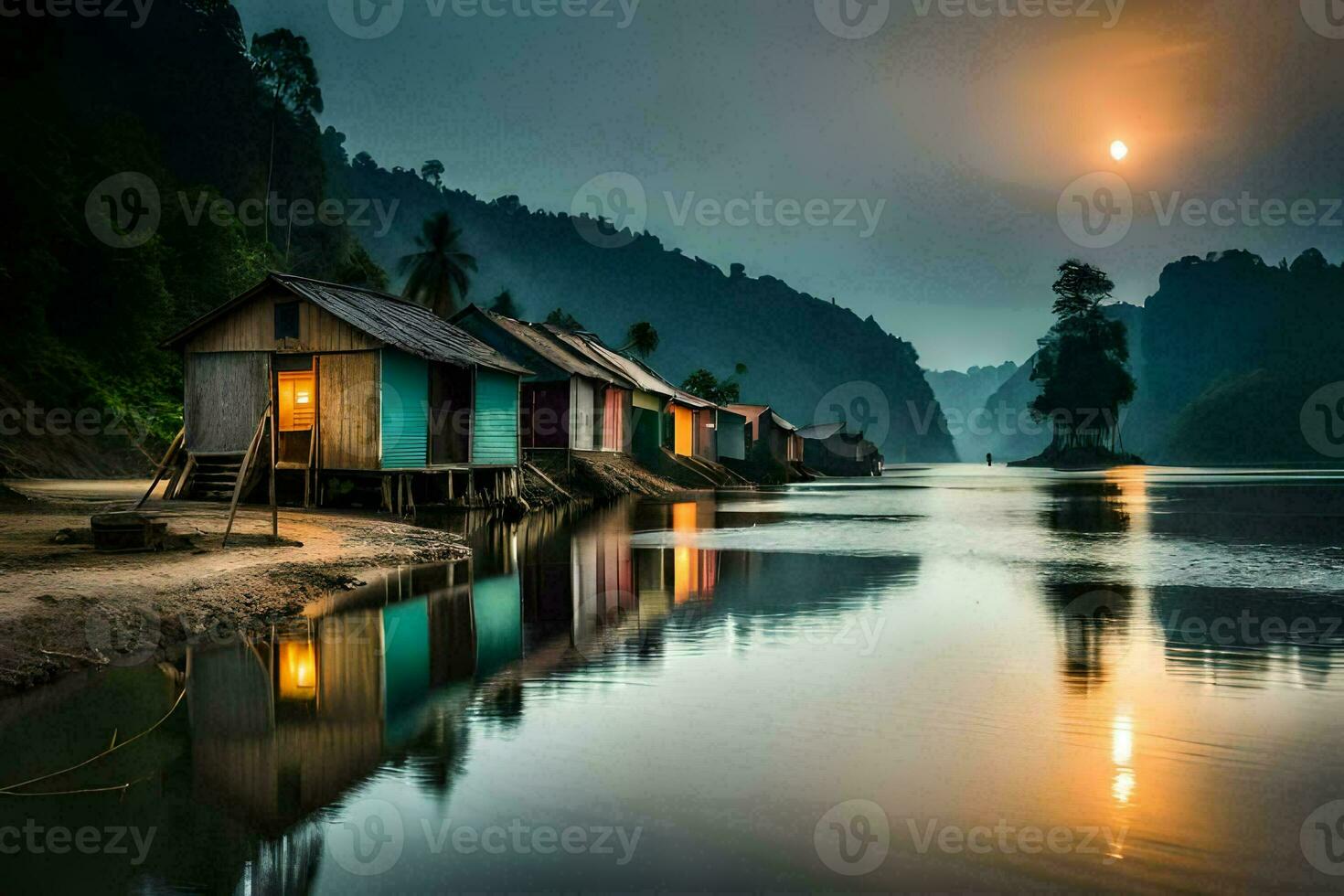 a boat house on the river at dusk. AI-Generated photo