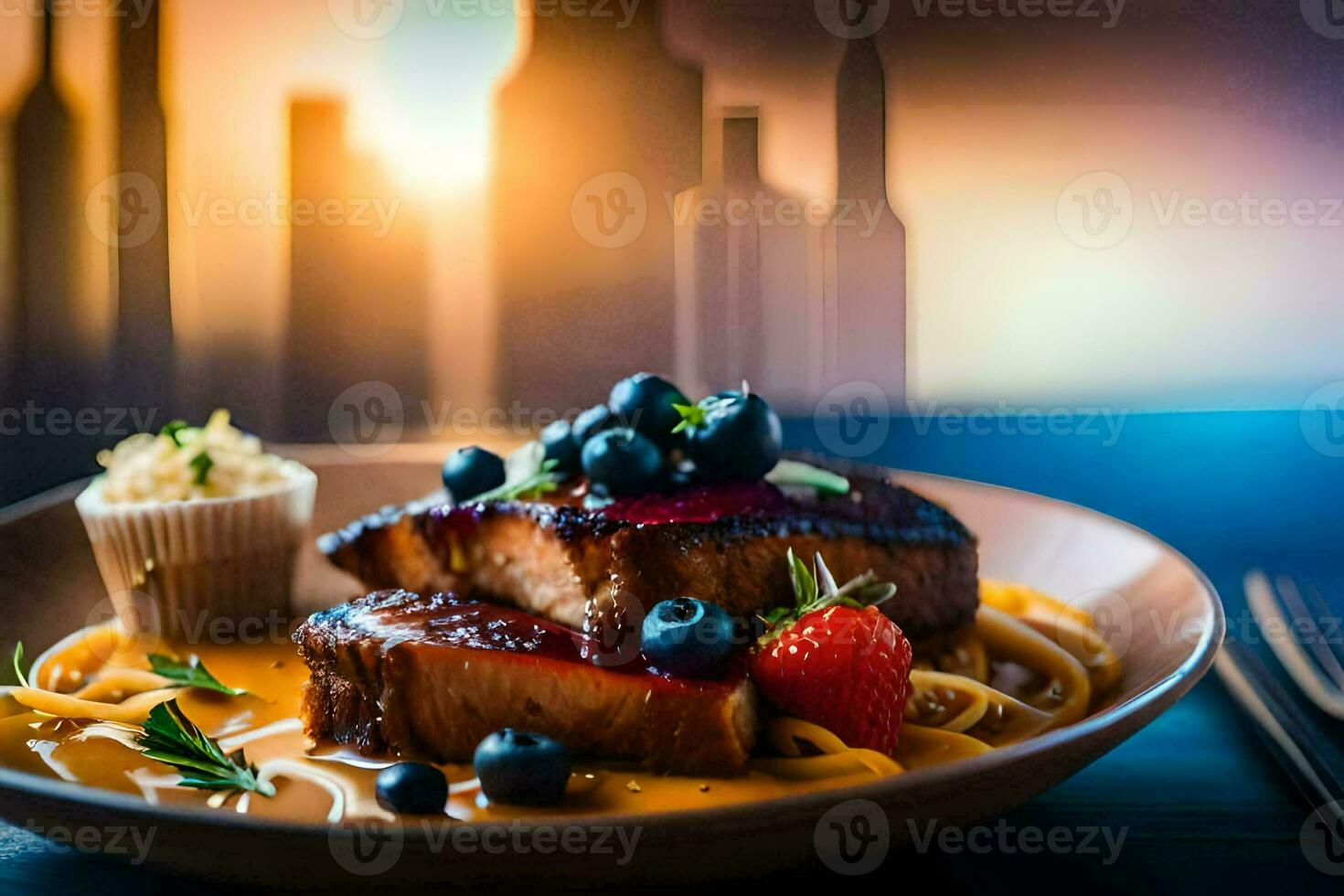 a plate of food with pasta and berries on a table. AI-Generated photo