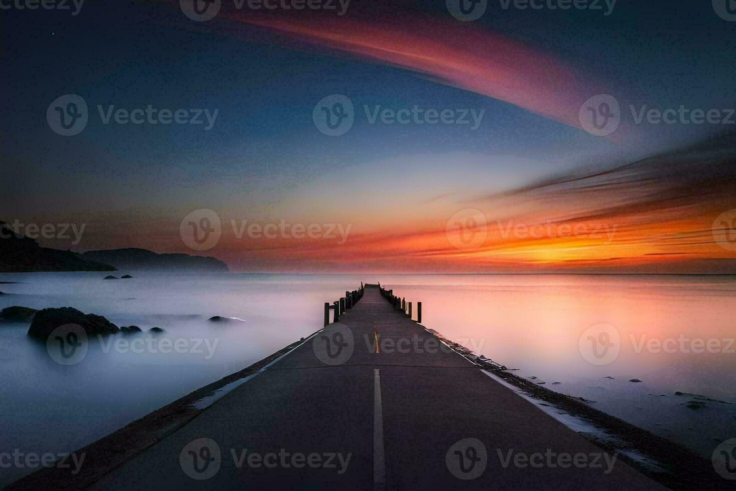 a long pier with a sunset in the background. AI-Generated photo