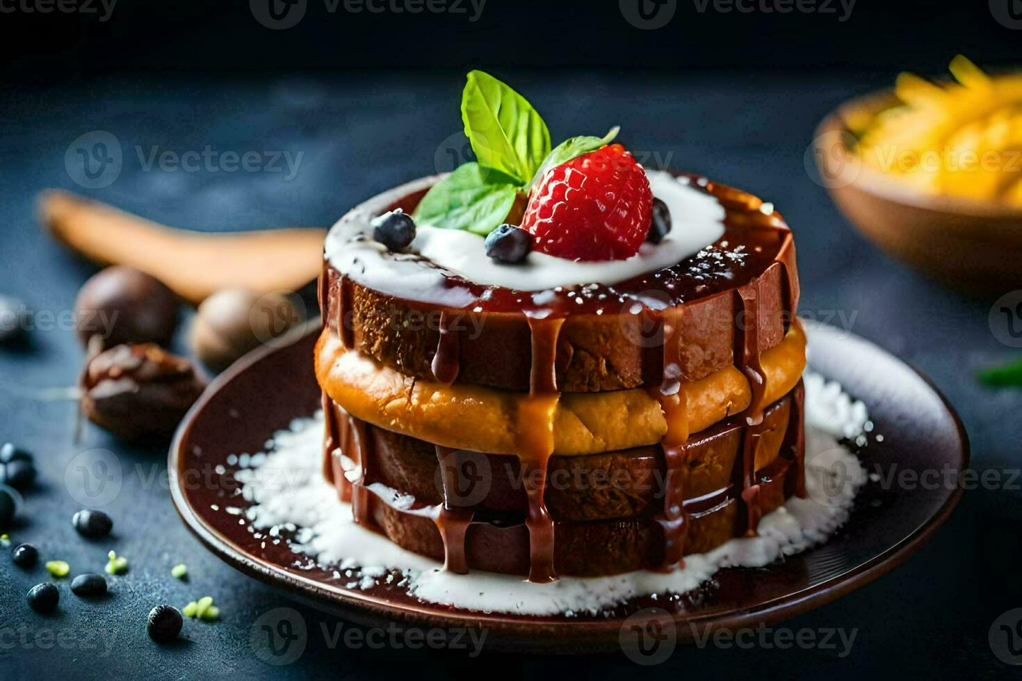 a stack of pancakes with chocolate sauce and berries. AI-Generated photo