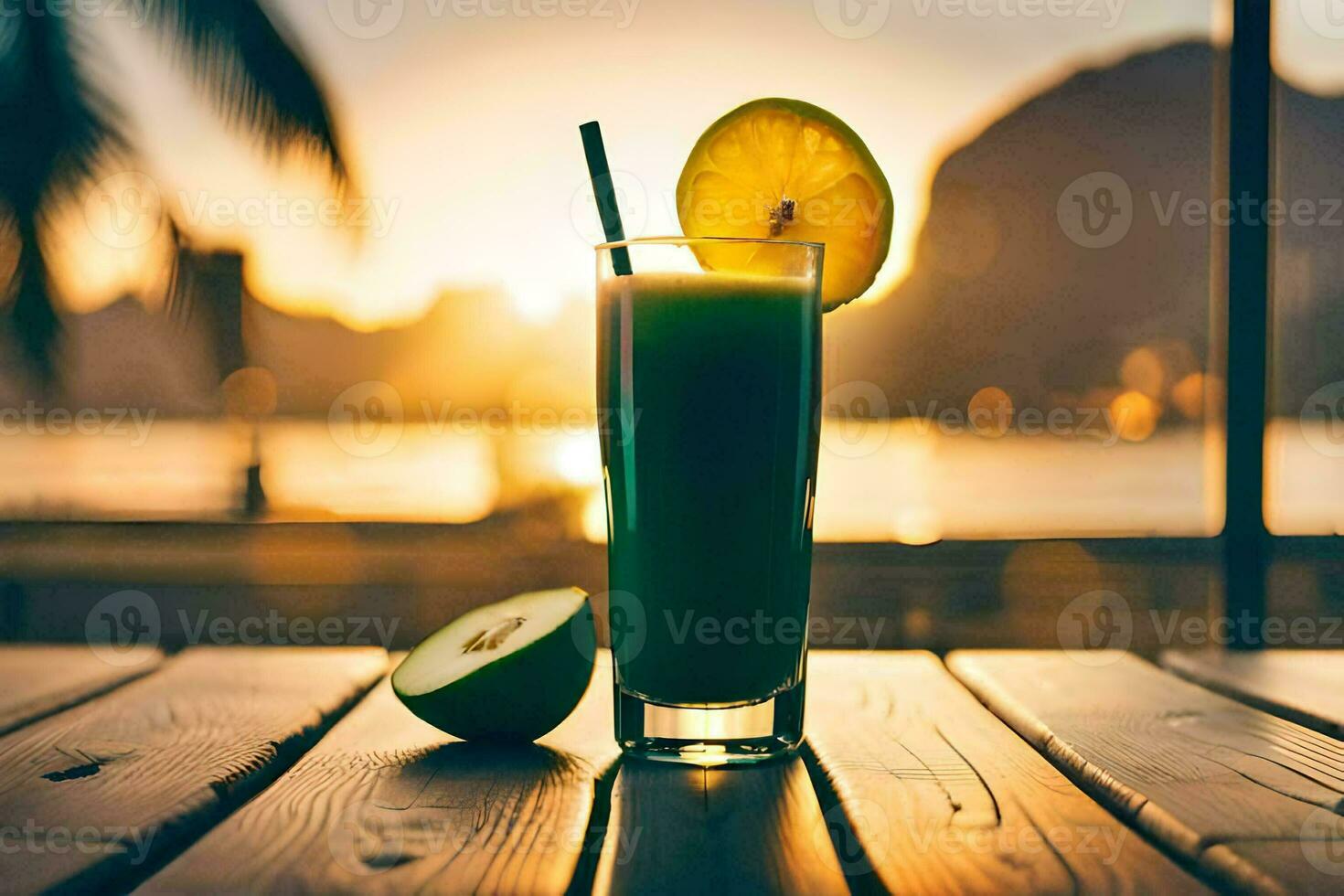 a glass of green juice with a slice of lime on the table. AI-Generated photo